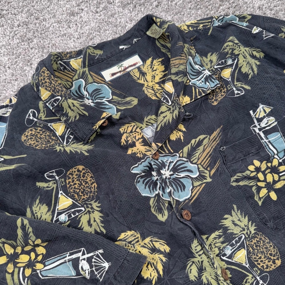 Tommy Bahama Camp Shirt Mens Silk Tropical Cocktail Floral Black XXL Excellent